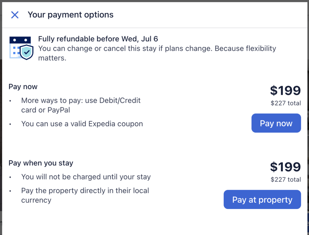 Example showing Expedia website giving customers the option to pay later