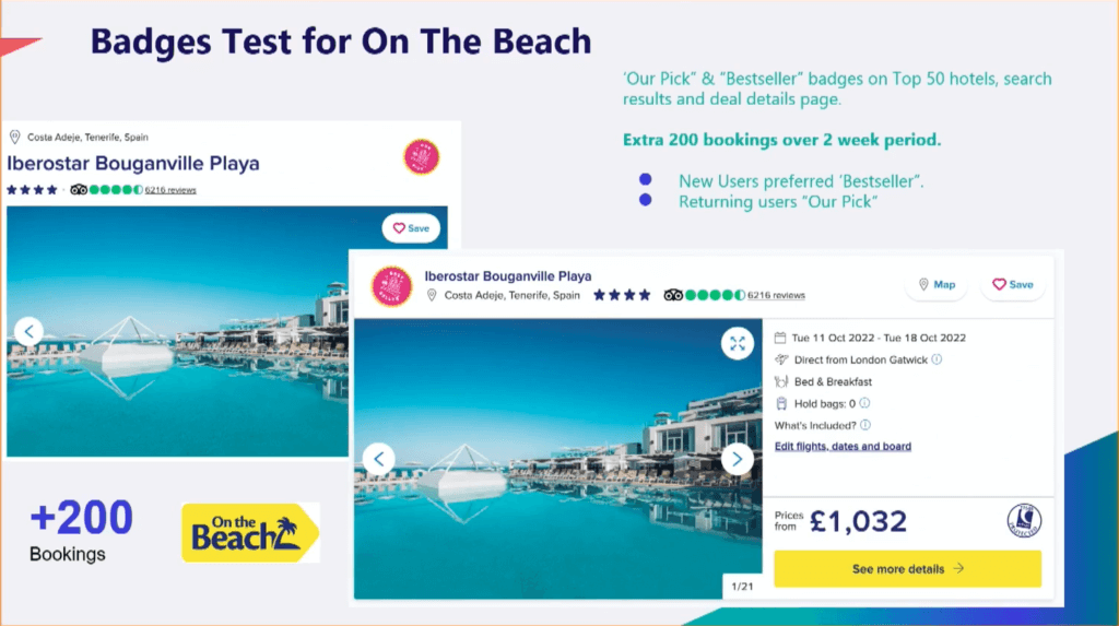 On the Beach "our pick" ab testing example on the bookings page 