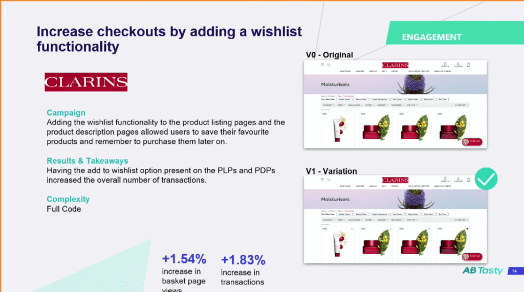Clarins ran a test to highlight their site’s wishlist functionality.