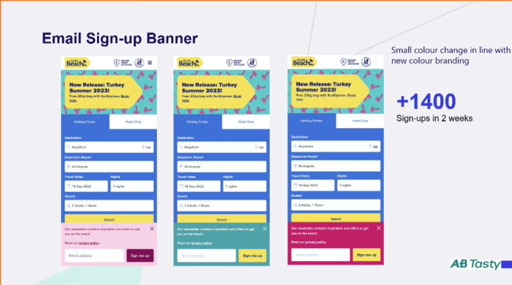 On the Beach ab testing example for their email sign-up