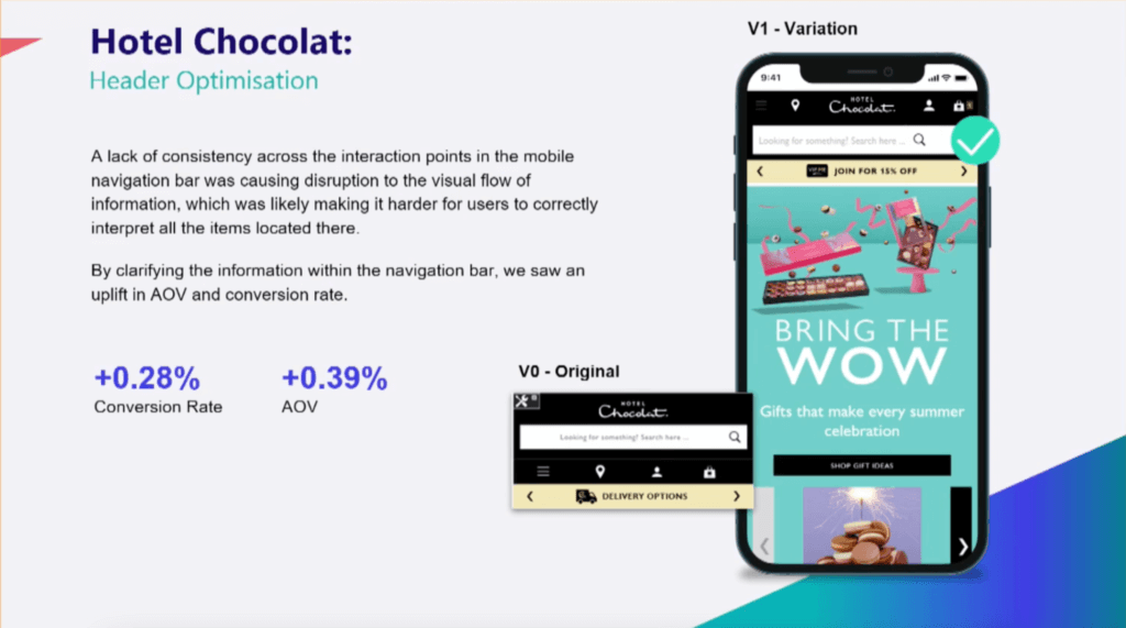 Hotel Chocolat AB testing homepage header optimization