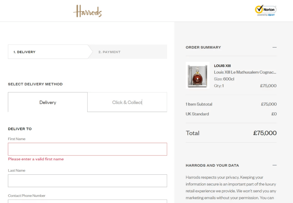 Harrods checkout showing user friction