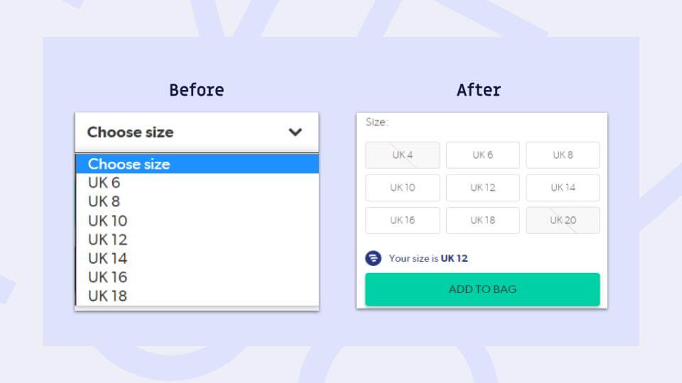 New Looks PDP Size selector before and after optimization