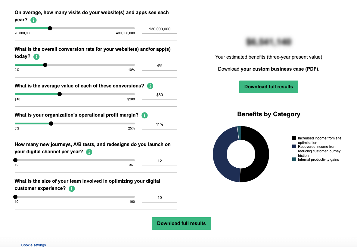 Screenshot of Forrester's 'Contentsquare Benefits Calculator' which enables you to calculate the customer experience ROI impact of Contentsquare
