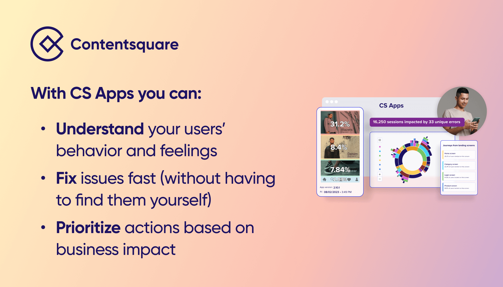 How CS Apps helps you create a flawless mobile app user experience: Understand your users' behavior and feelings, fix issues fast (without having to find them yourself), prioritize actions based on business impact