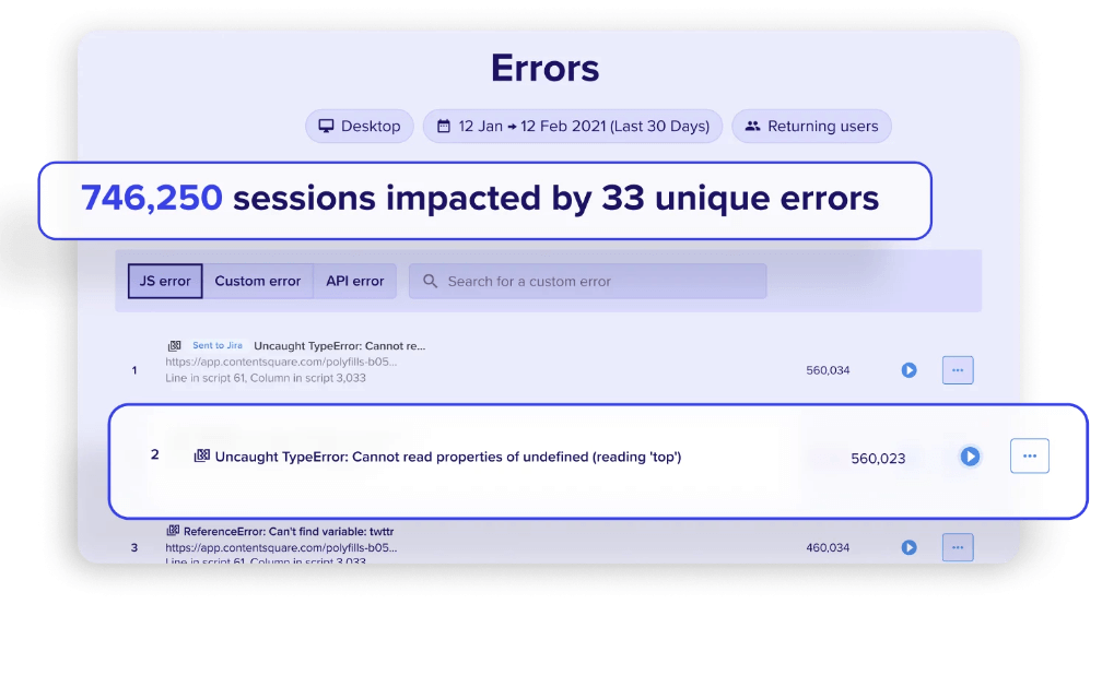 Screenshot of CS Find & Fix error analysis, which helps rid the mobile customer experience of friction