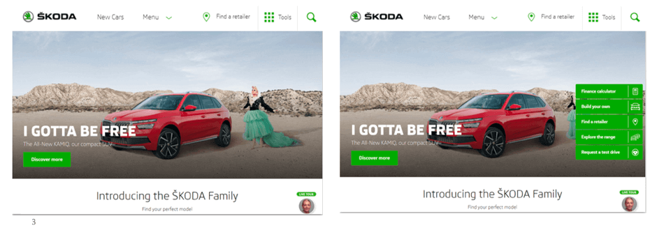 ŠKODA’s page before and after implementing changes informed by behavioral insights