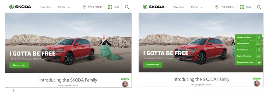 ŠKODA’s page before and after implementing changes informed by behavioral insights