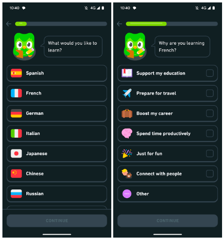 App onboarding best practice example 1: Screenshot of Duolingo