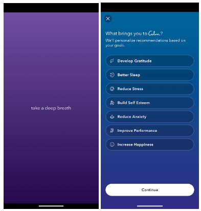Onboarding best practice example 5: Screenshots of Calm