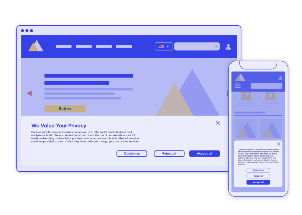 An example of web performance optimization showing a simplified cookie banner on a website and on a mobile device 