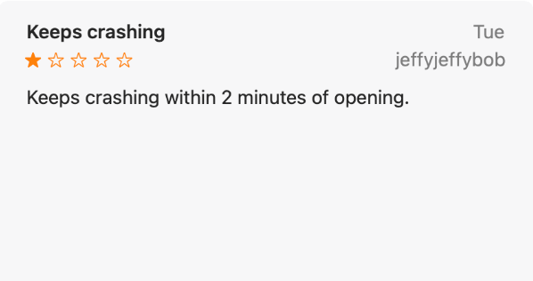 An example of a bad review caused by crashes. A one star review of Kindle's app on the App Store.