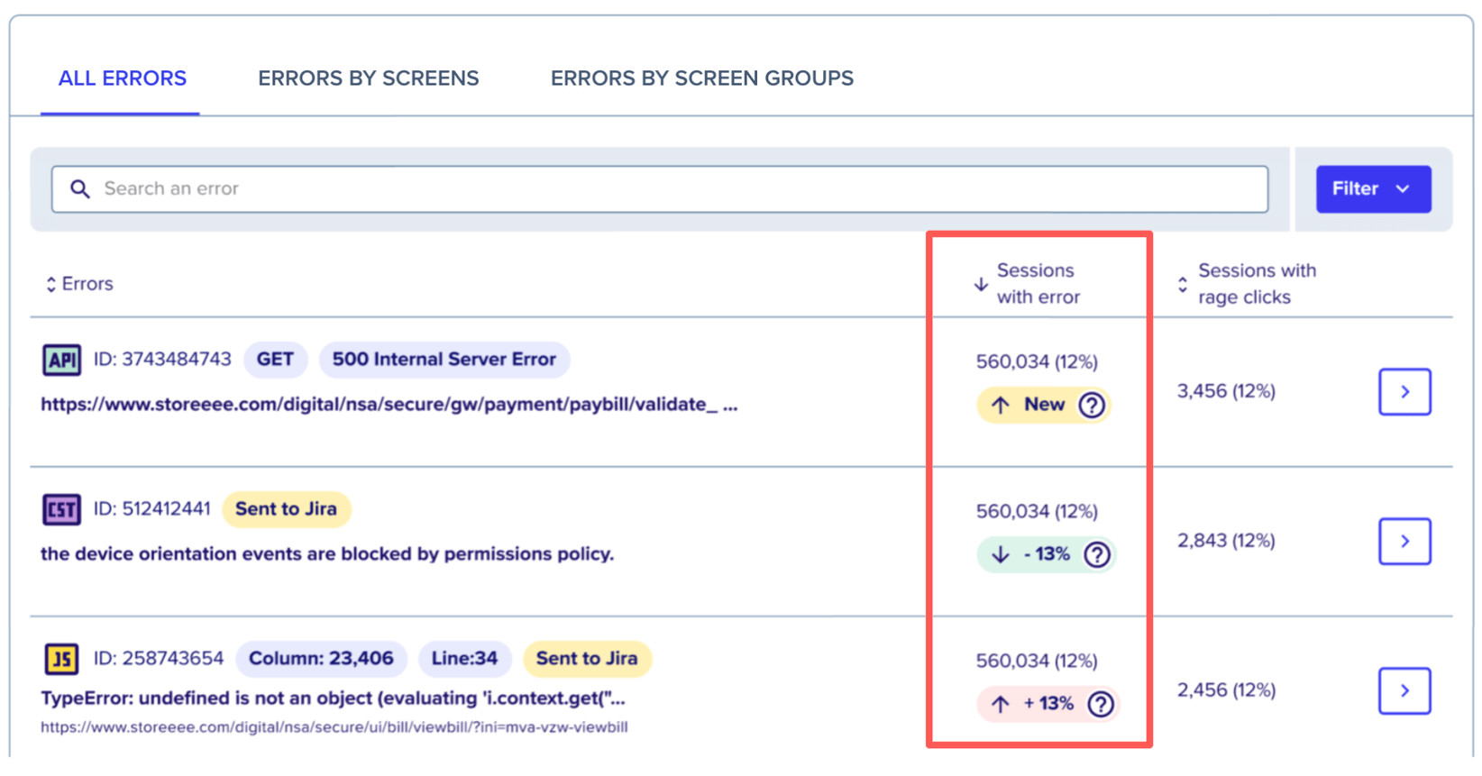 Screenshot from CS Apps showing errors (including app crashes) trending up and down