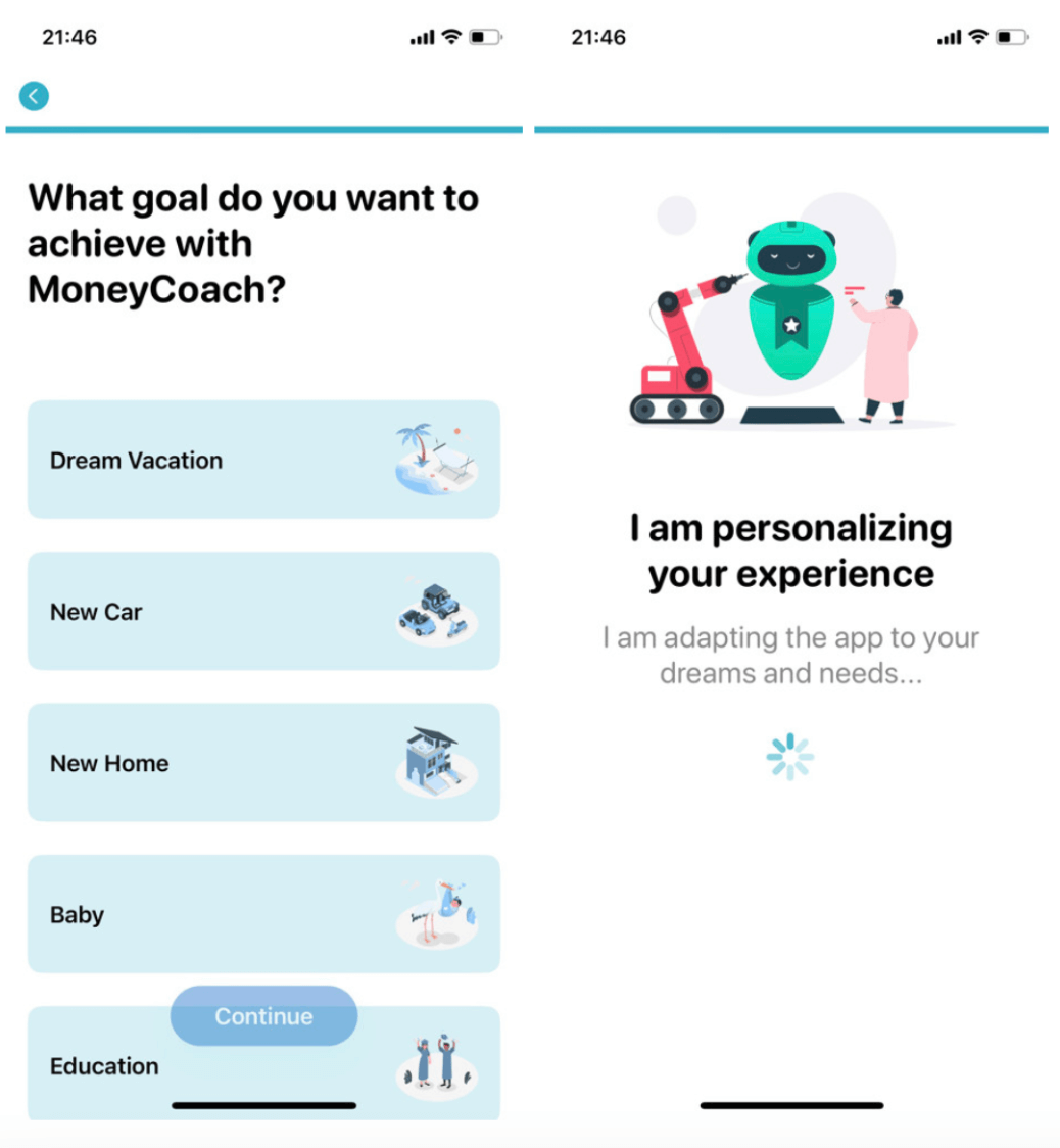 Screenshots of MoneyCoach's onboarding process, showing how users submit information to have their experience personalized