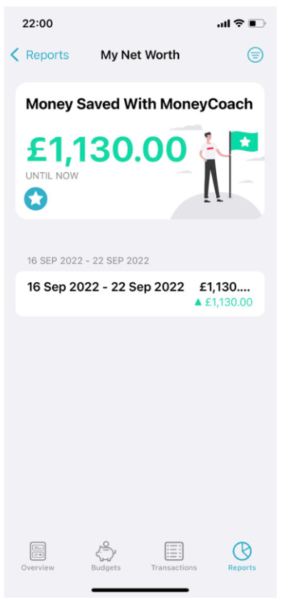 Screenshot showing how MoneyCoach reminds users how much they've saved with the app