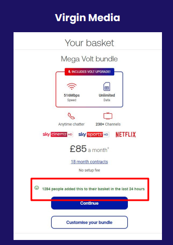 A Virgin Media customer basket page showing products added to cart and the number of people with the product in cart in the last 24 hours.